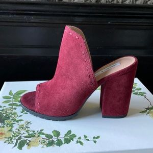 Chelsea & Violet Wine Red Suede Block Heel Mules